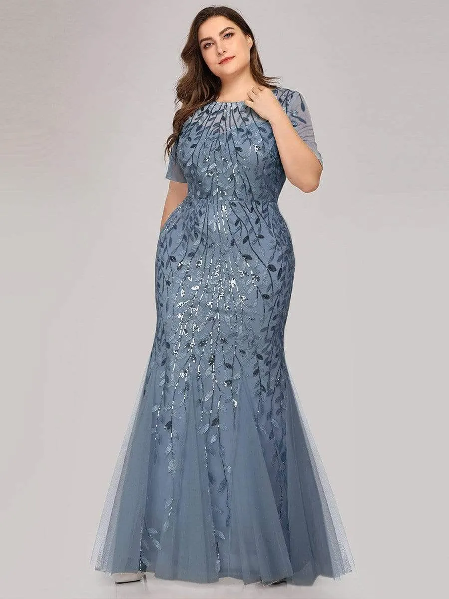 Floral Sequin Print Maxi Long Plus Size Mermaid Tulle Dresses