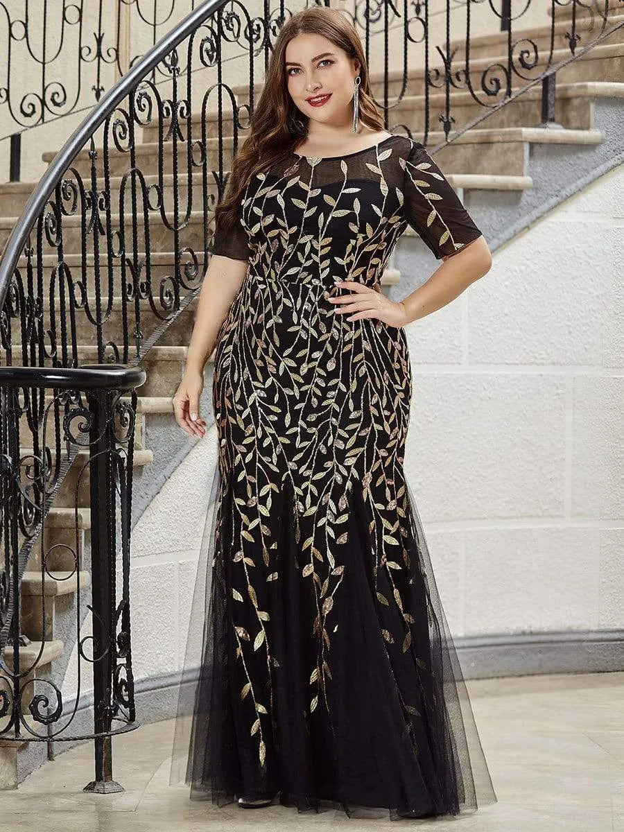 Floral Sequin Print Maxi Long Plus Size Mermaid Tulle Dresses