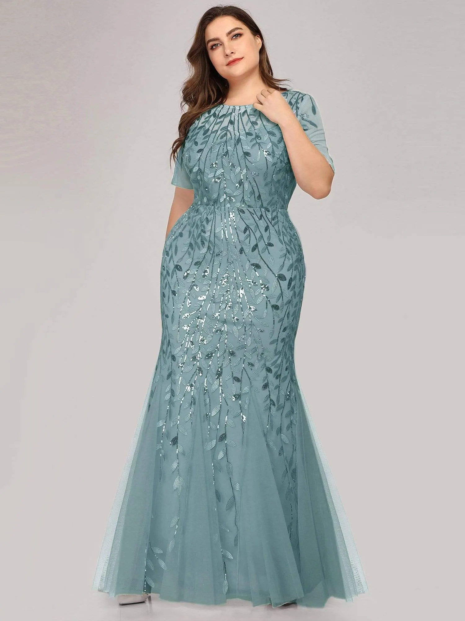 Floral Sequin Print Maxi Long Plus Size Mermaid Tulle Dresses