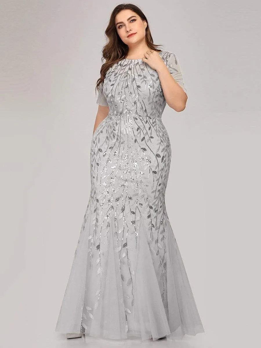 Floral Sequin Print Maxi Long Plus Size Mermaid Tulle Dresses