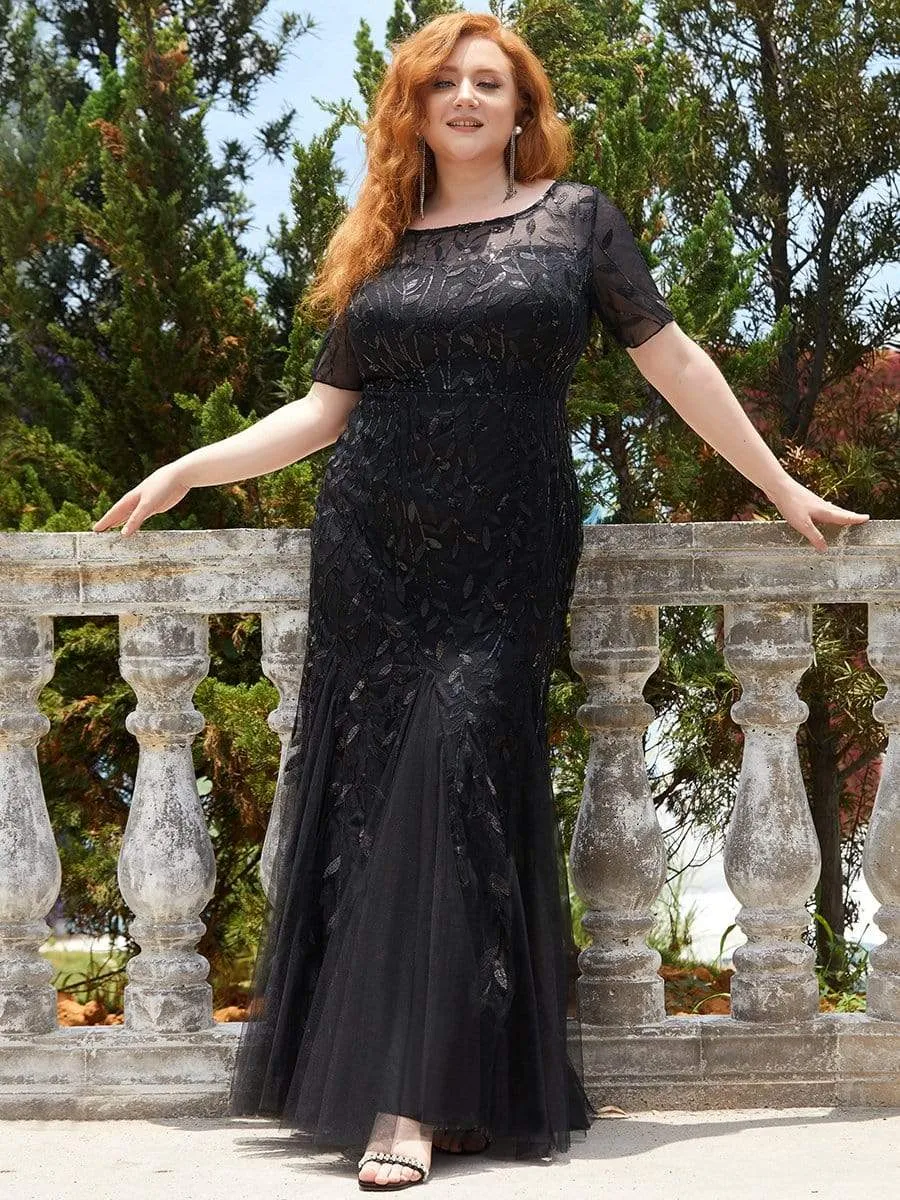 Floral Sequin Print Maxi Long Plus Size Mermaid Tulle Dresses