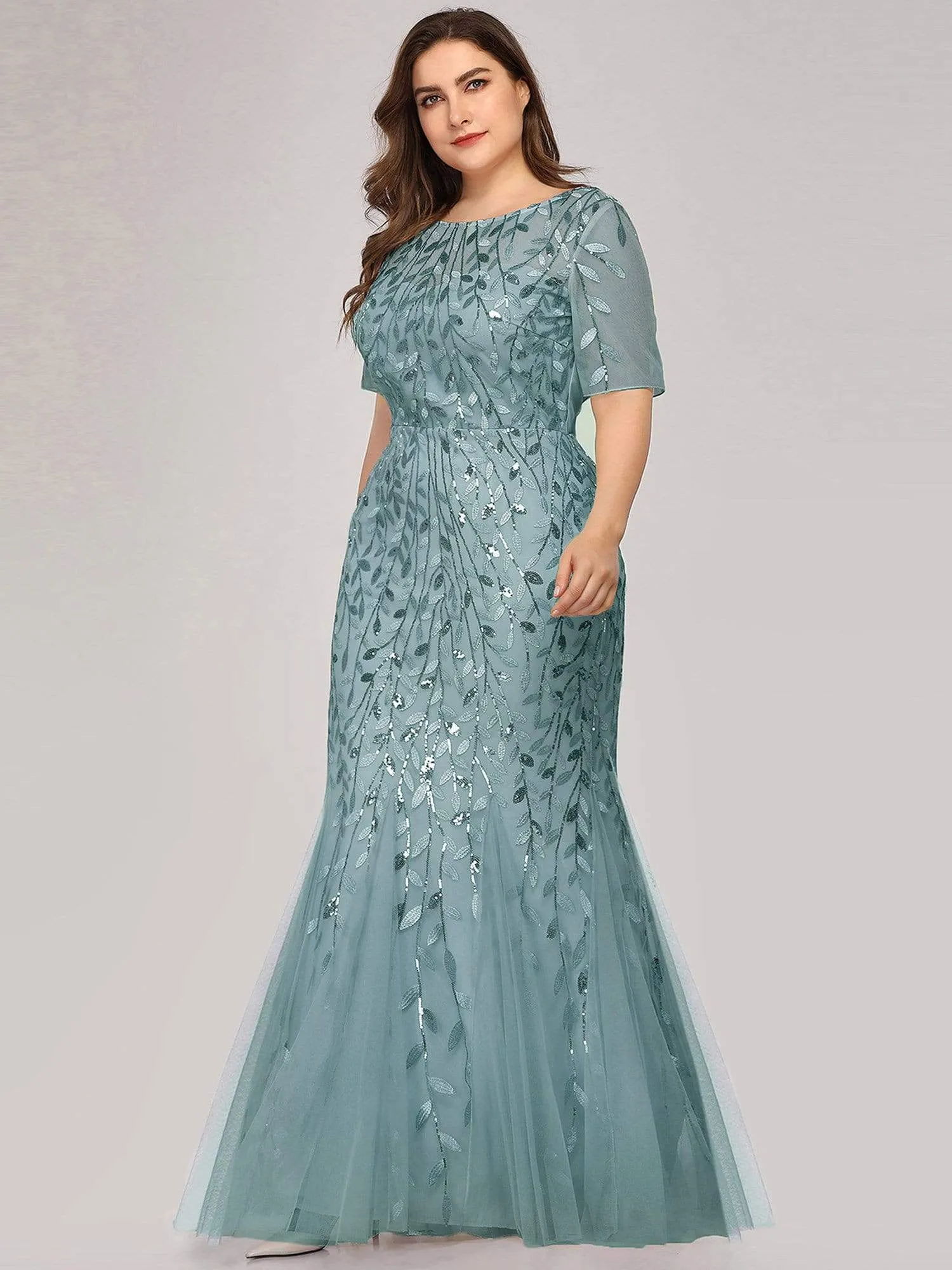 Floral Sequin Print Maxi Long Plus Size Mermaid Tulle Dresses