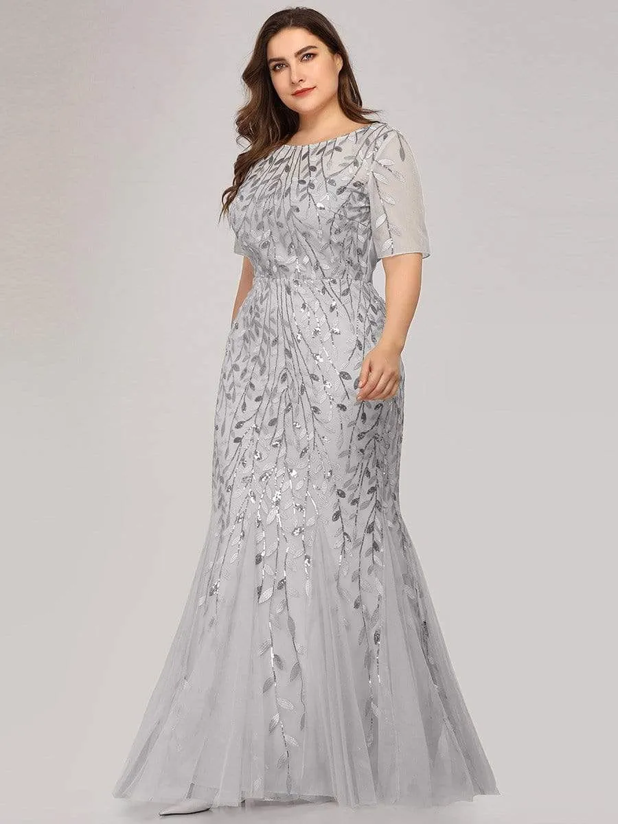 Floral Sequin Print Maxi Long Plus Size Mermaid Tulle Dresses