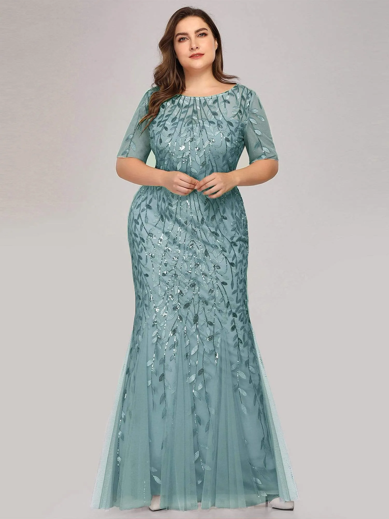 Floral Sequin Print Maxi Long Plus Size Mermaid Tulle Dresses