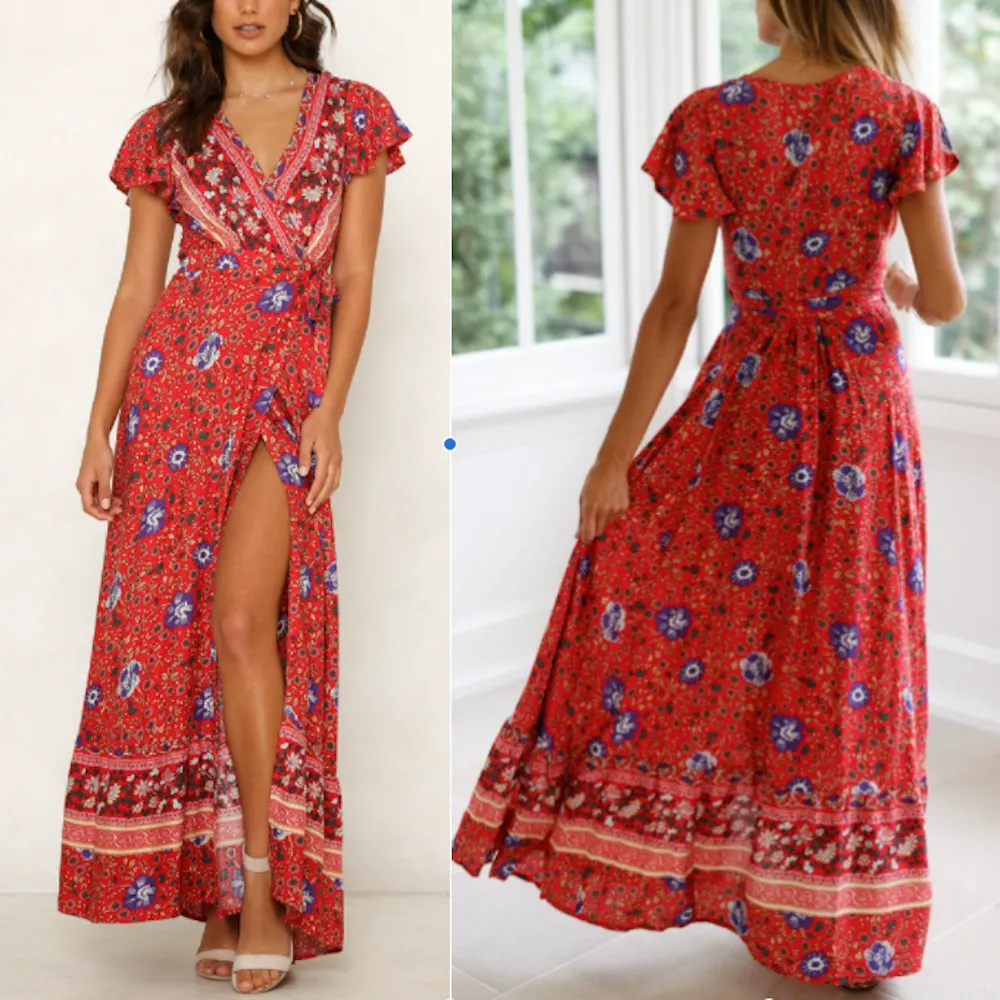 Floral V-Neck Wrap Maxi Dress for Women