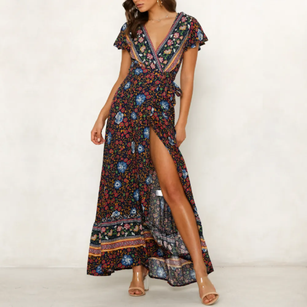Floral V-Neck Wrap Maxi Dress for Women