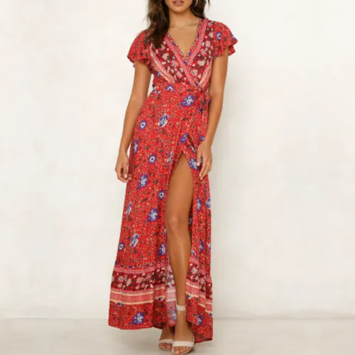 Floral V-Neck Wrap Maxi Dress for Women