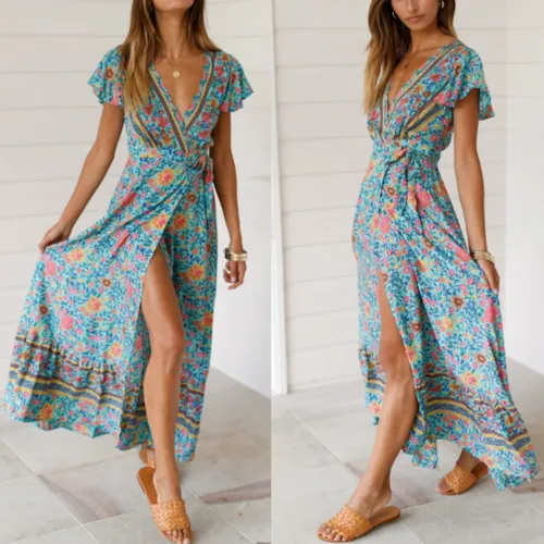 Floral V-Neck Wrap Maxi Dress for Women