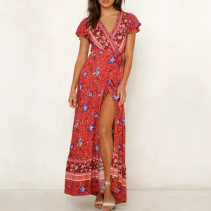 Floral V-Neck Wrap Maxi Dress for Women
