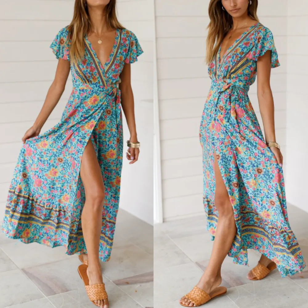 Floral V-Neck Wrap Maxi Dress for Women