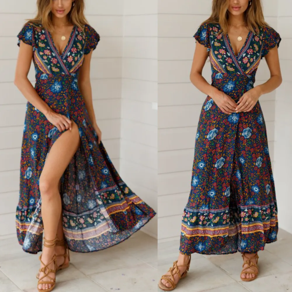Floral V-Neck Wrap Maxi Dress for Women
