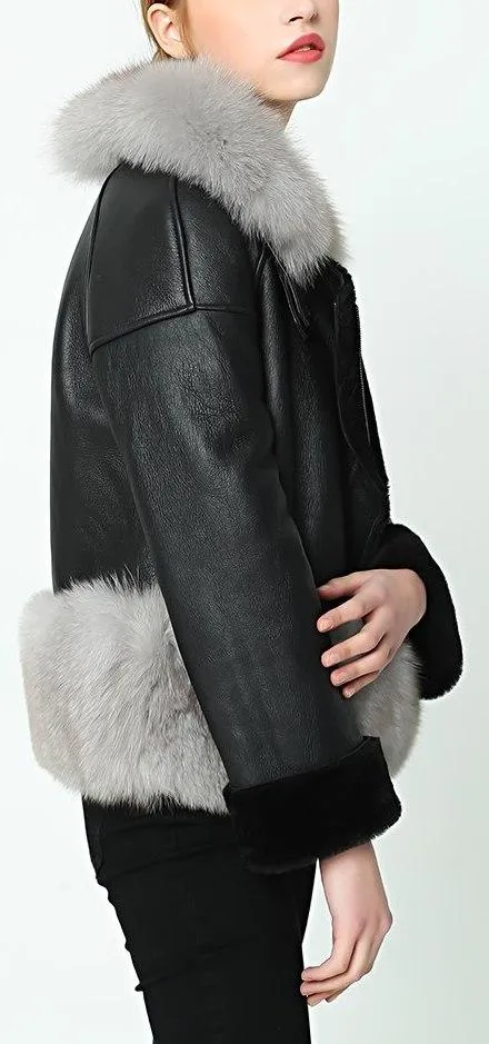 Fox-Fur-Trim Wool Lined Leather Jacket