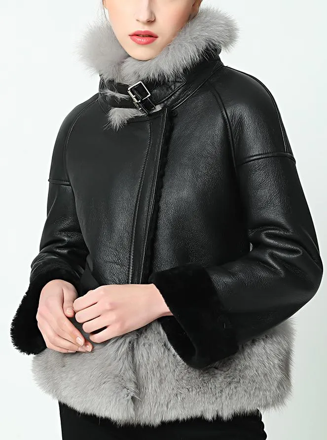 Fox-Fur-Trim Wool Lined Leather Jacket