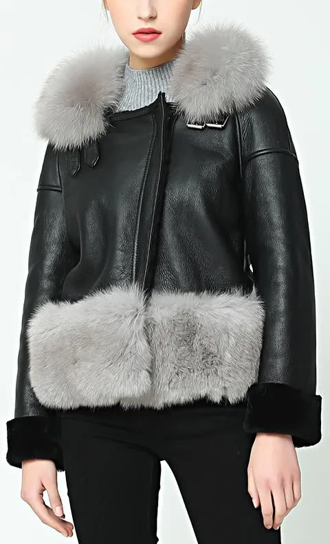 Fox-Fur-Trim Wool Lined Leather Jacket