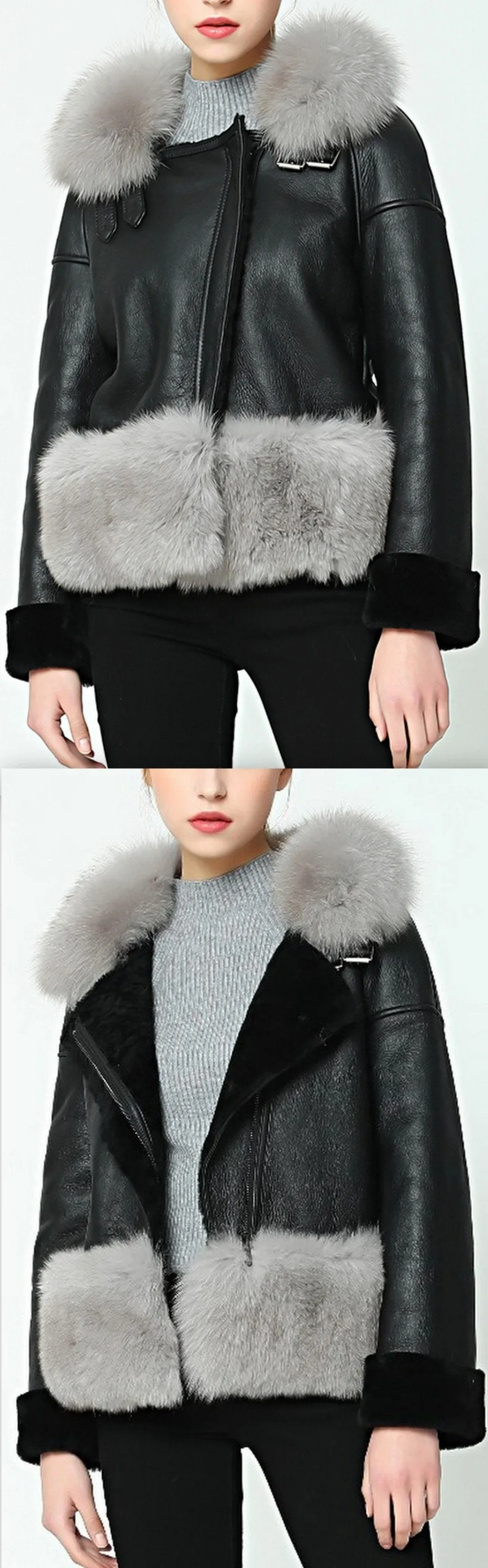 Fox-Fur-Trim Wool Lined Leather Jacket