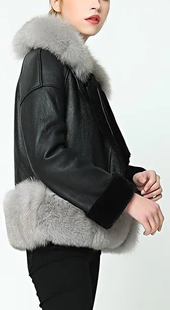 Fox-Fur-Trim Wool Lined Leather Jacket