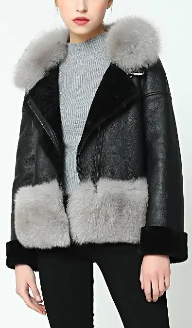 Fox-Fur-Trim Wool Lined Leather Jacket