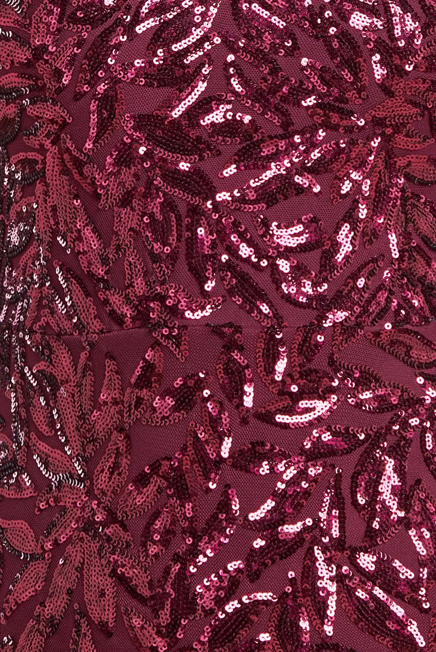 Goddiva Long Sleeve Sequin Leaf Long Sleeve Maxi Dress - Burgundy