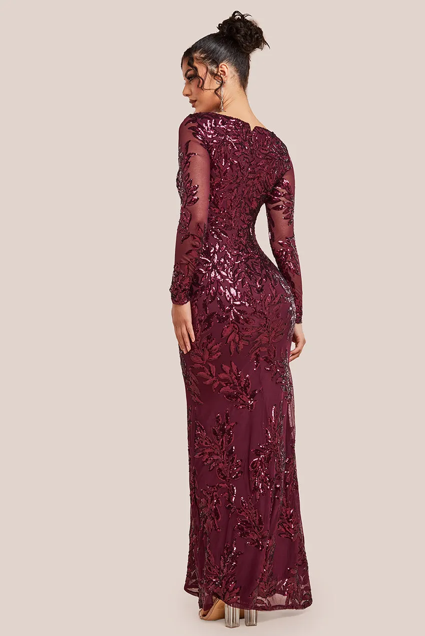 Goddiva Long Sleeve Sequin Leaf Long Sleeve Maxi Dress - Burgundy
