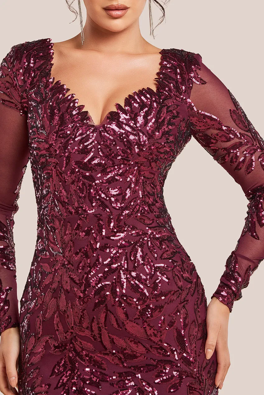 Goddiva Long Sleeve Sequin Leaf Long Sleeve Maxi Dress - Burgundy