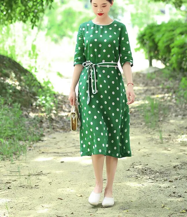 Green Dot Women Dresses Ramie Casual Spring Linen Women Dresses SSM97215