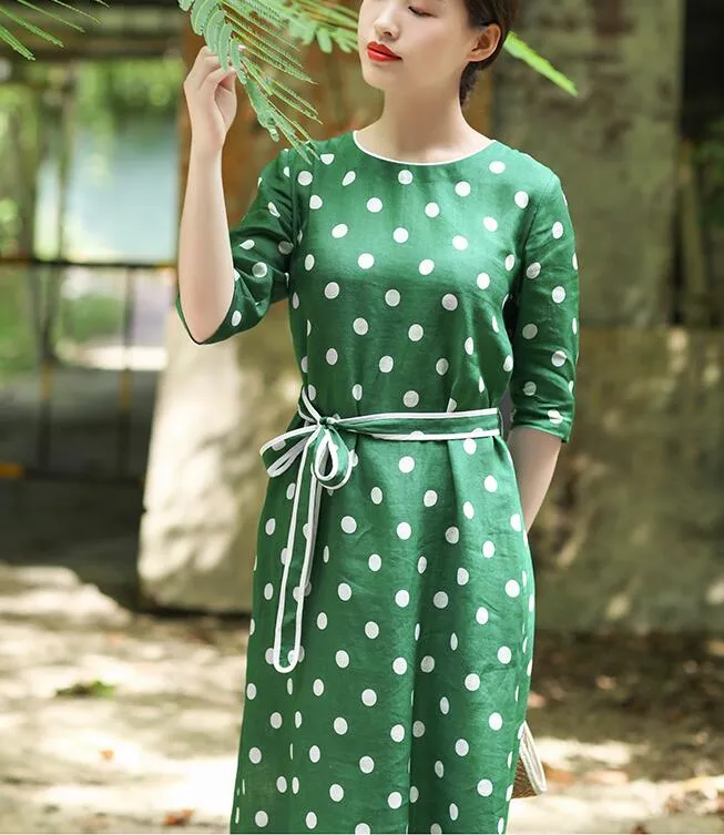 Green Dot Women Dresses Ramie Casual Spring Linen Women Dresses SSM97215