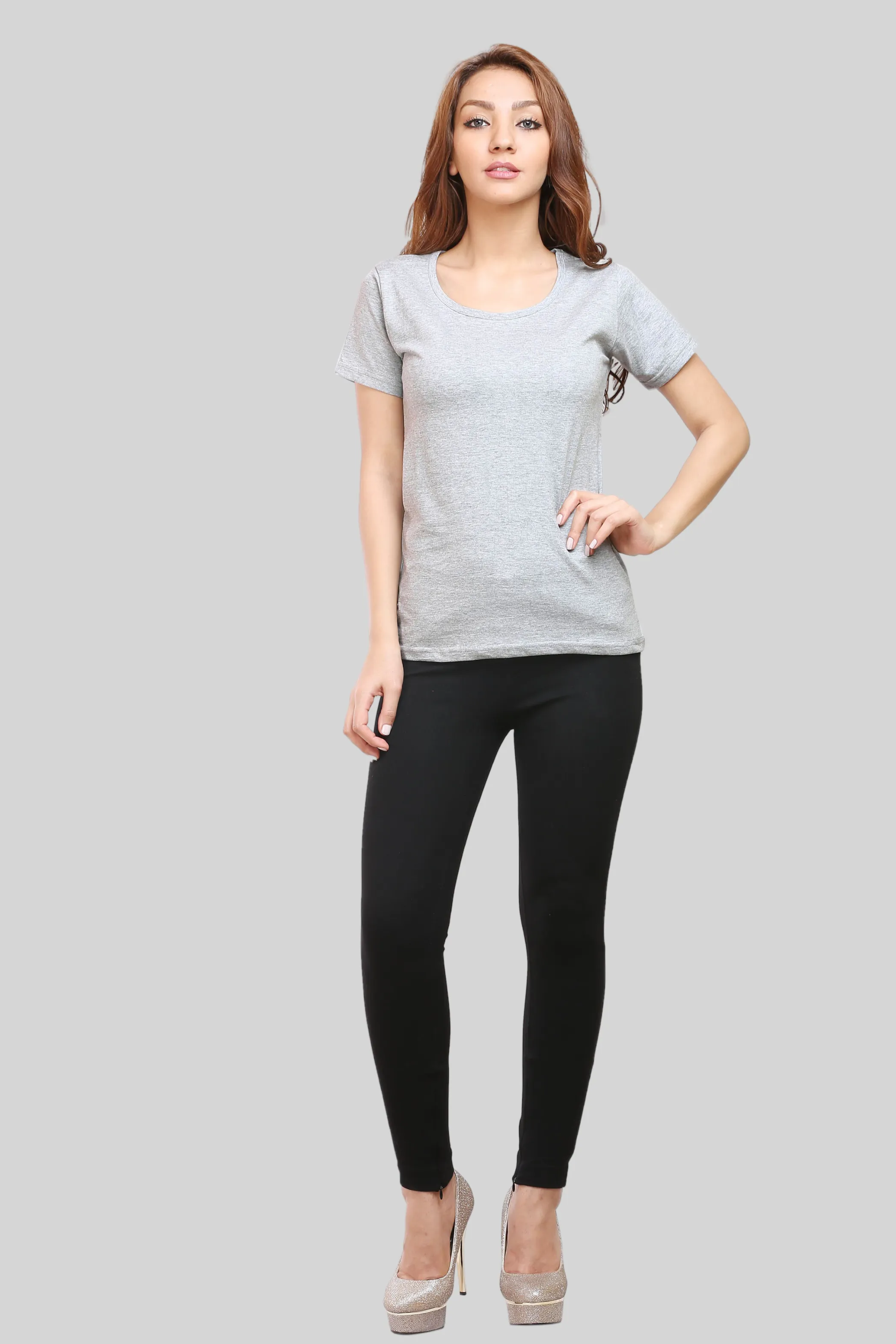 Grey Melange Scoop Neck T-shirt for women