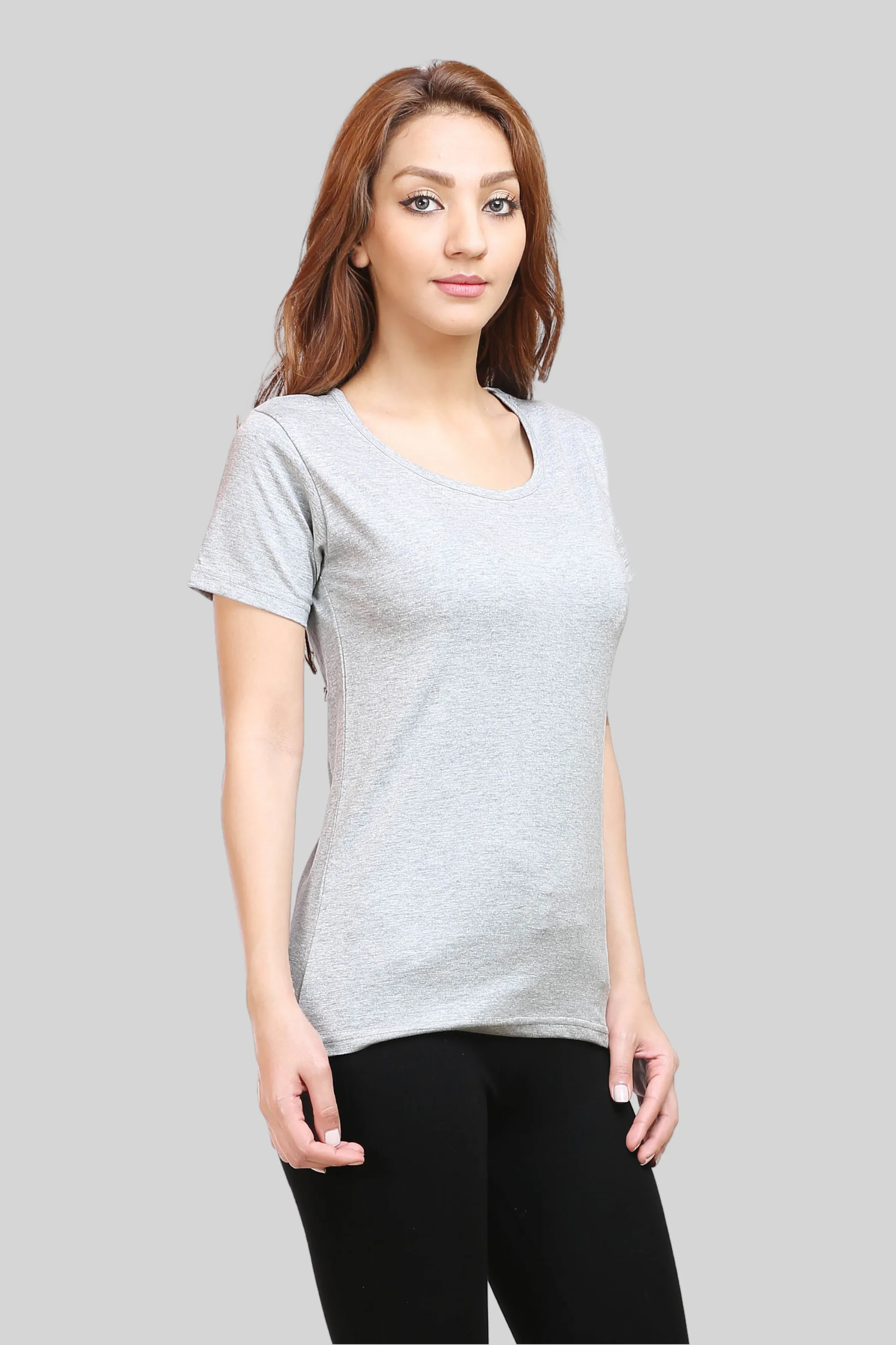 Grey Melange Scoop Neck T-shirt for women