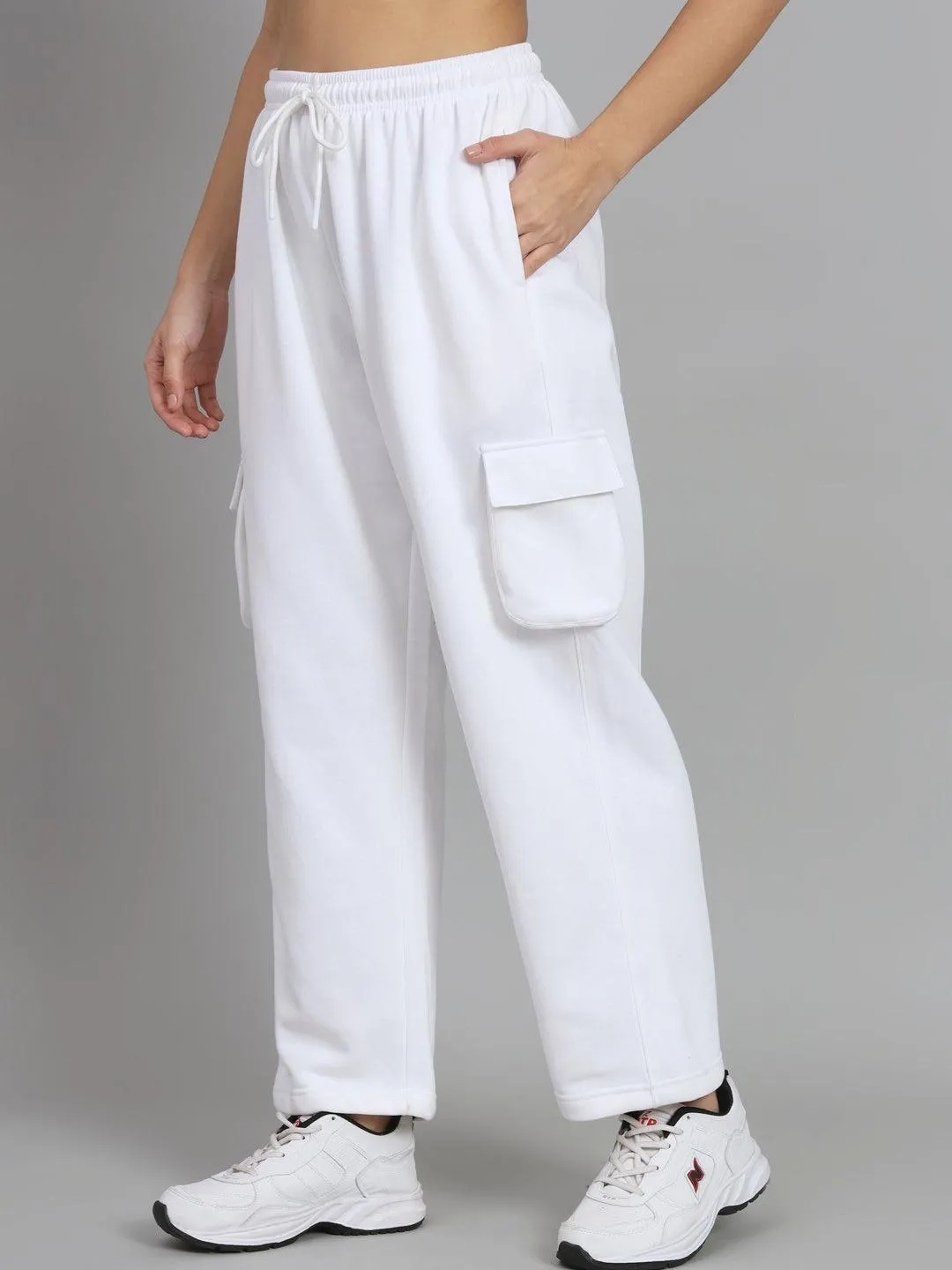 Griffel Women’s Basic Solid Oversized Fit 5 Pocket White Trackpant