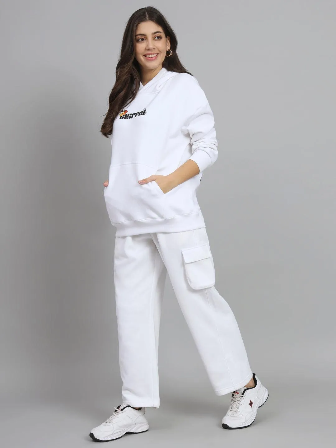 Griffel Women’s Basic Solid Oversized Fit 5 Pocket White Trackpant