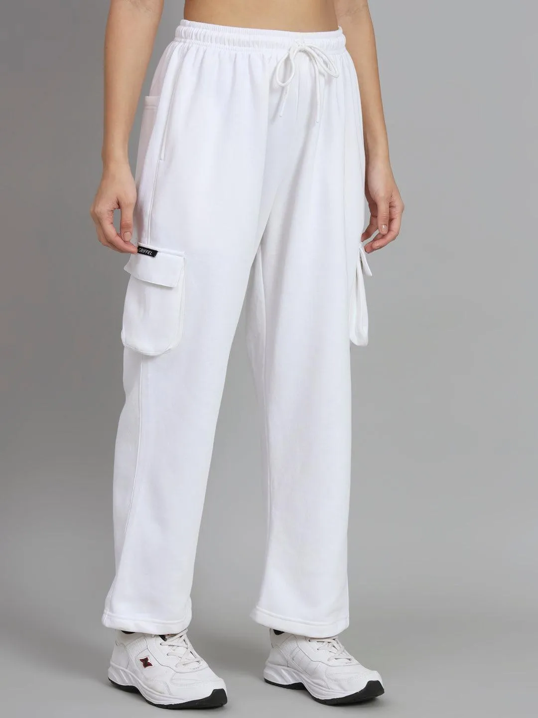 Griffel Women’s Basic Solid Oversized Fit 5 Pocket White Trackpant