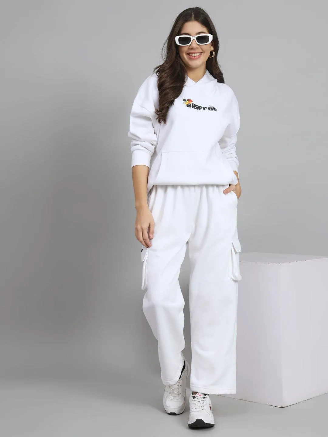 Griffel Women’s Basic Solid Oversized Fit 5 Pocket White Trackpant