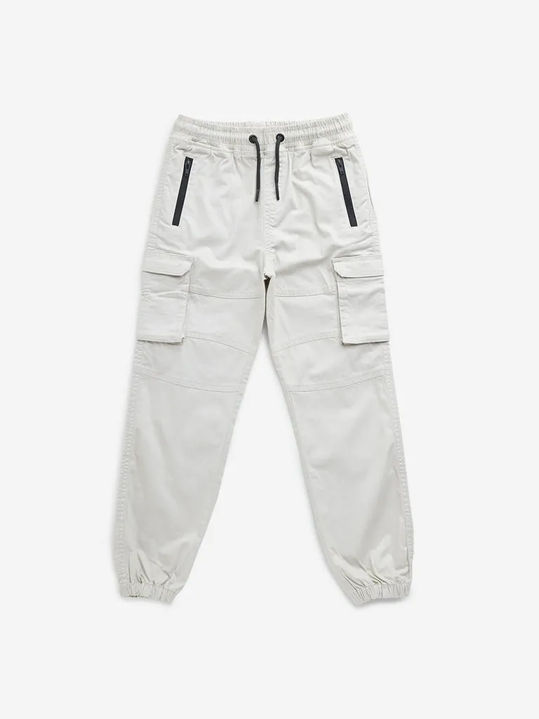 HOP Kids Off-White Cargo-Style Mid-Rise Cotton Blend Joggers
