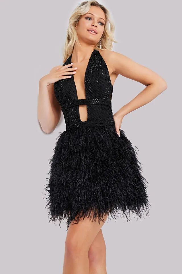 Jovani 22387 Low V-Neck Halter Feather Skirt Embellished Short Cocktail Homecoming Dress