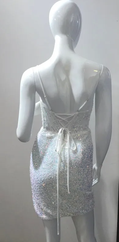 Jovani 42216 Size 6 Off White Short Sheer Lace Sequin Homecoming Dress Corset Cocktail Gown Slit