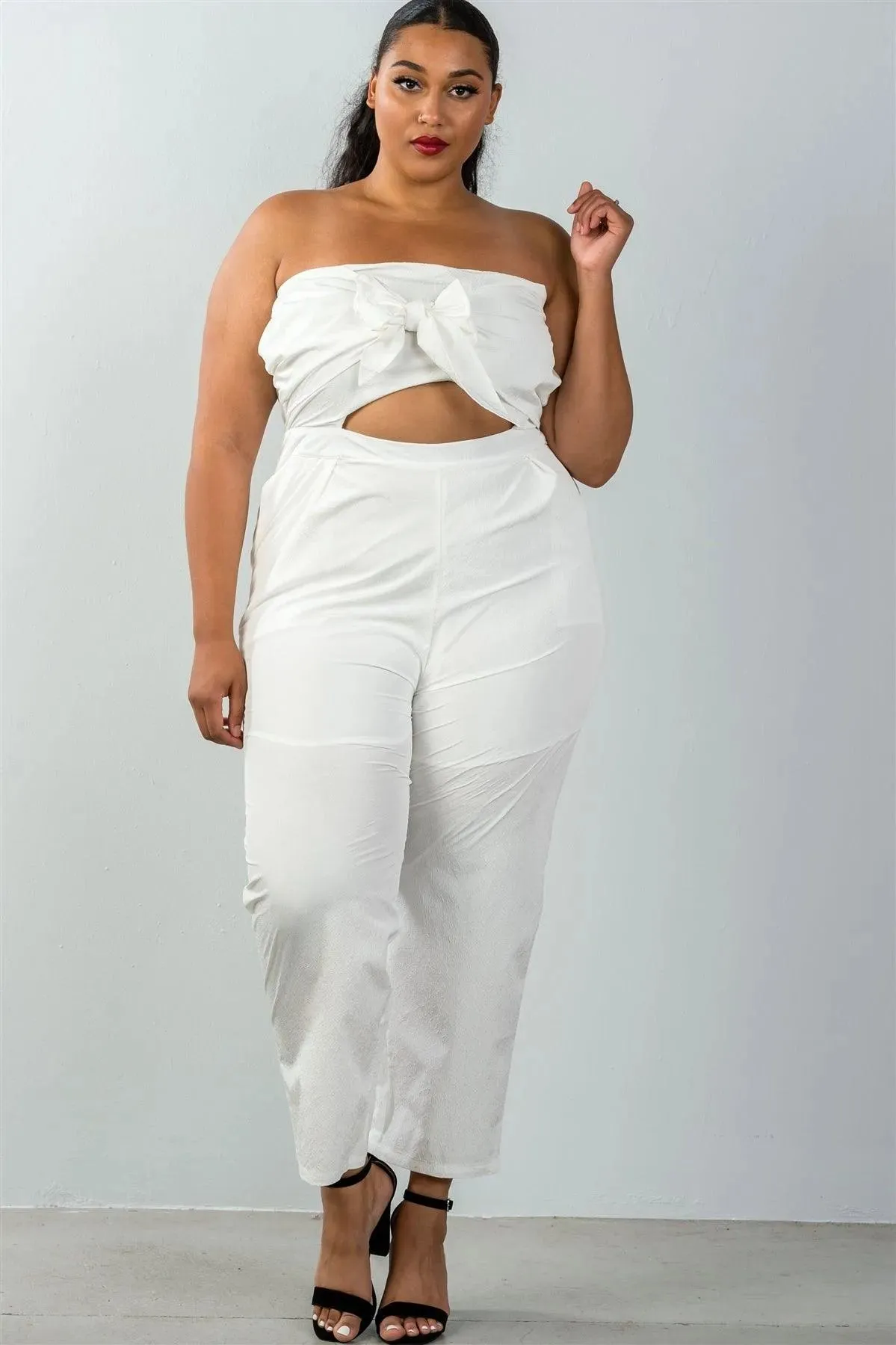 Junior Plus Size White Palazzo Pants Strapless Jumpsuit