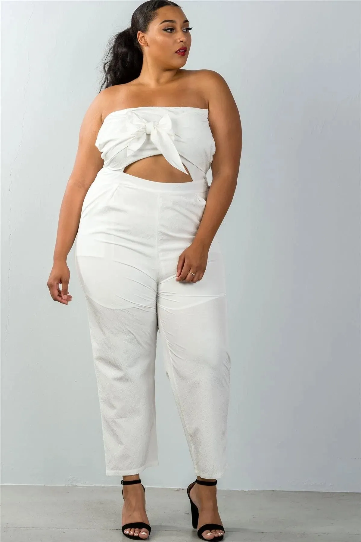 Junior Plus Size White Palazzo Pants Strapless Jumpsuit