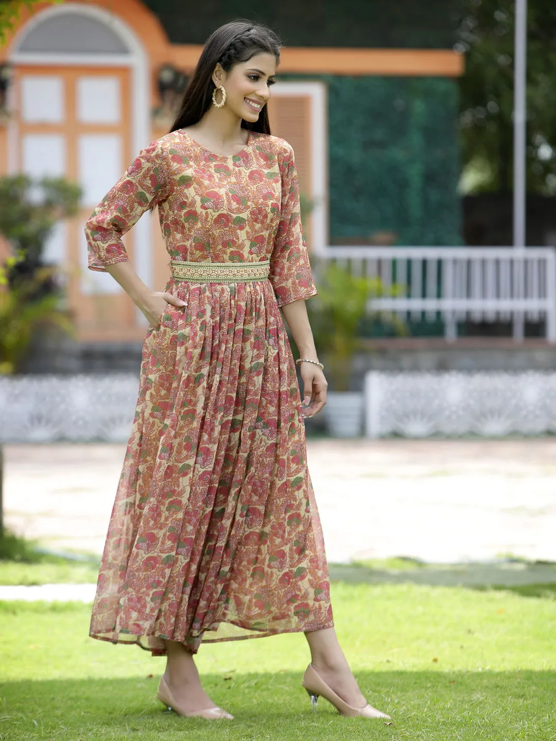 Juniper Fuschia Abstract printed Chiffon Flared Jumpsuit.