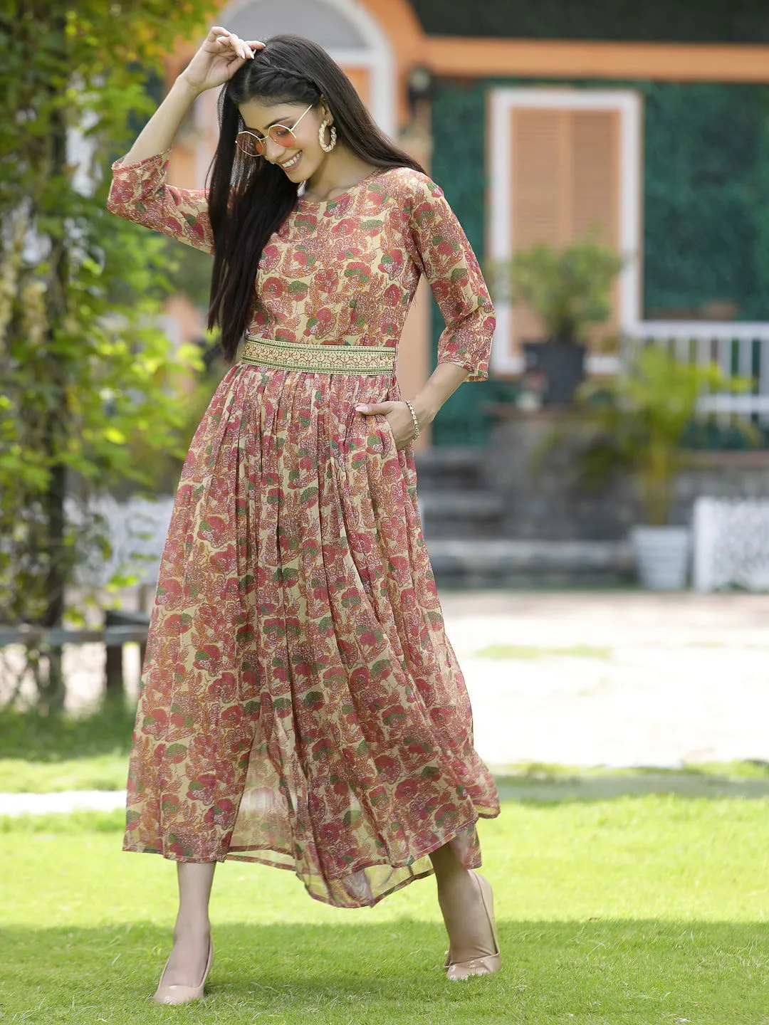 Juniper Fuschia Abstract printed Chiffon Flared Jumpsuit.