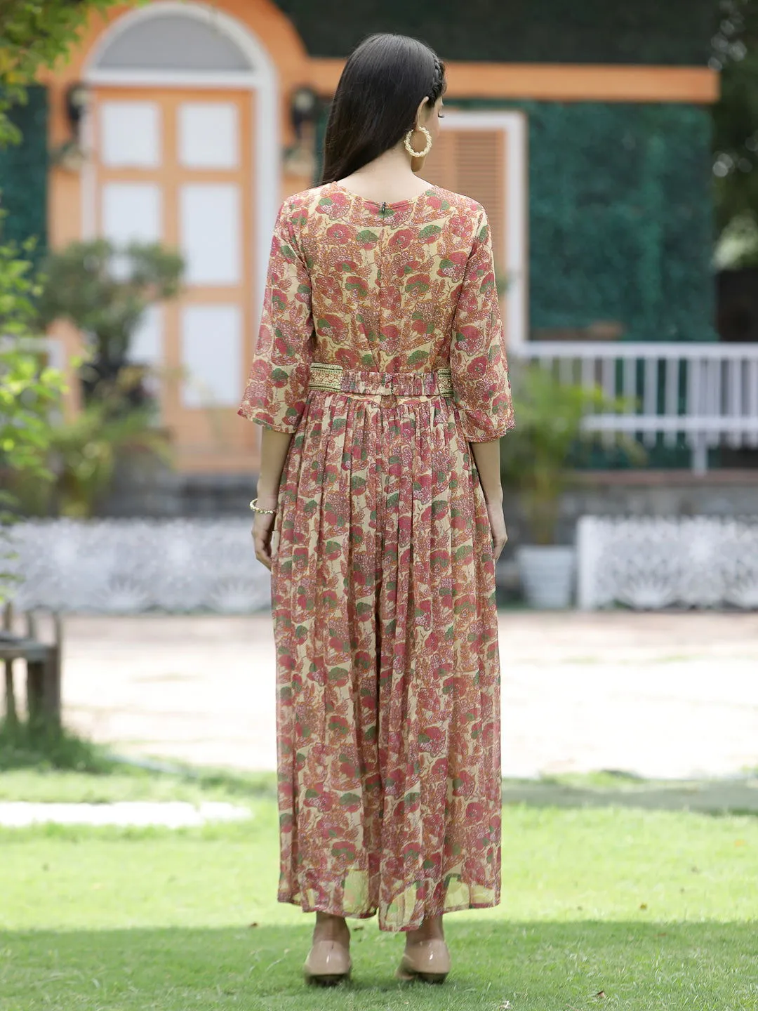 Juniper Fuschia Abstract printed Chiffon Flared Jumpsuit.