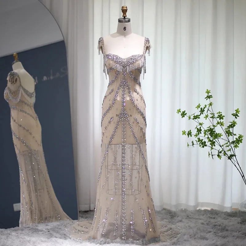 Kendall Jenner Nude Mermaid Luxury Dubai Evening Dresses Crystal Tassel Long Prom Graduation Party Gowns
