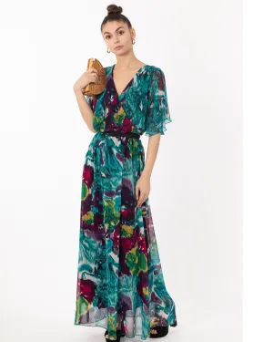 Lady Blue Print Print Chiffon Wrap Maxi Dress