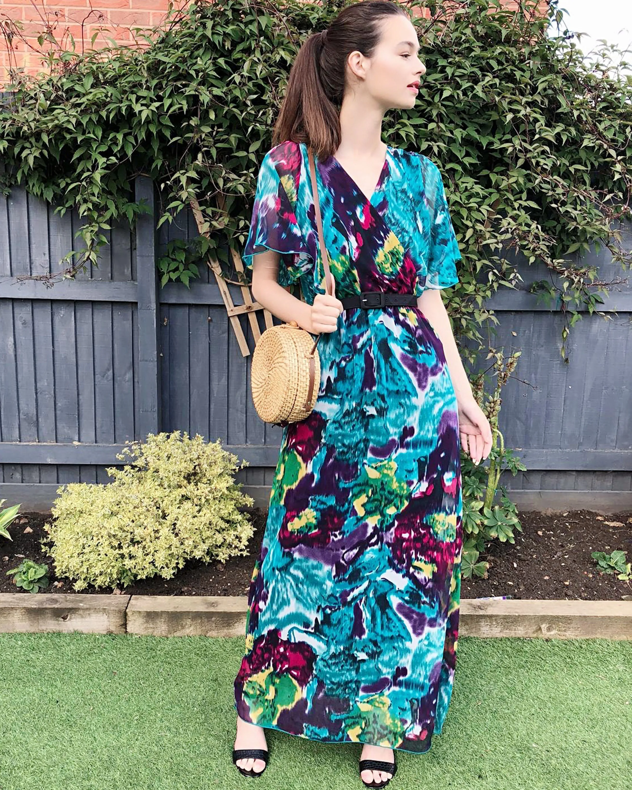 Lady Blue Print Print Chiffon Wrap Maxi Dress