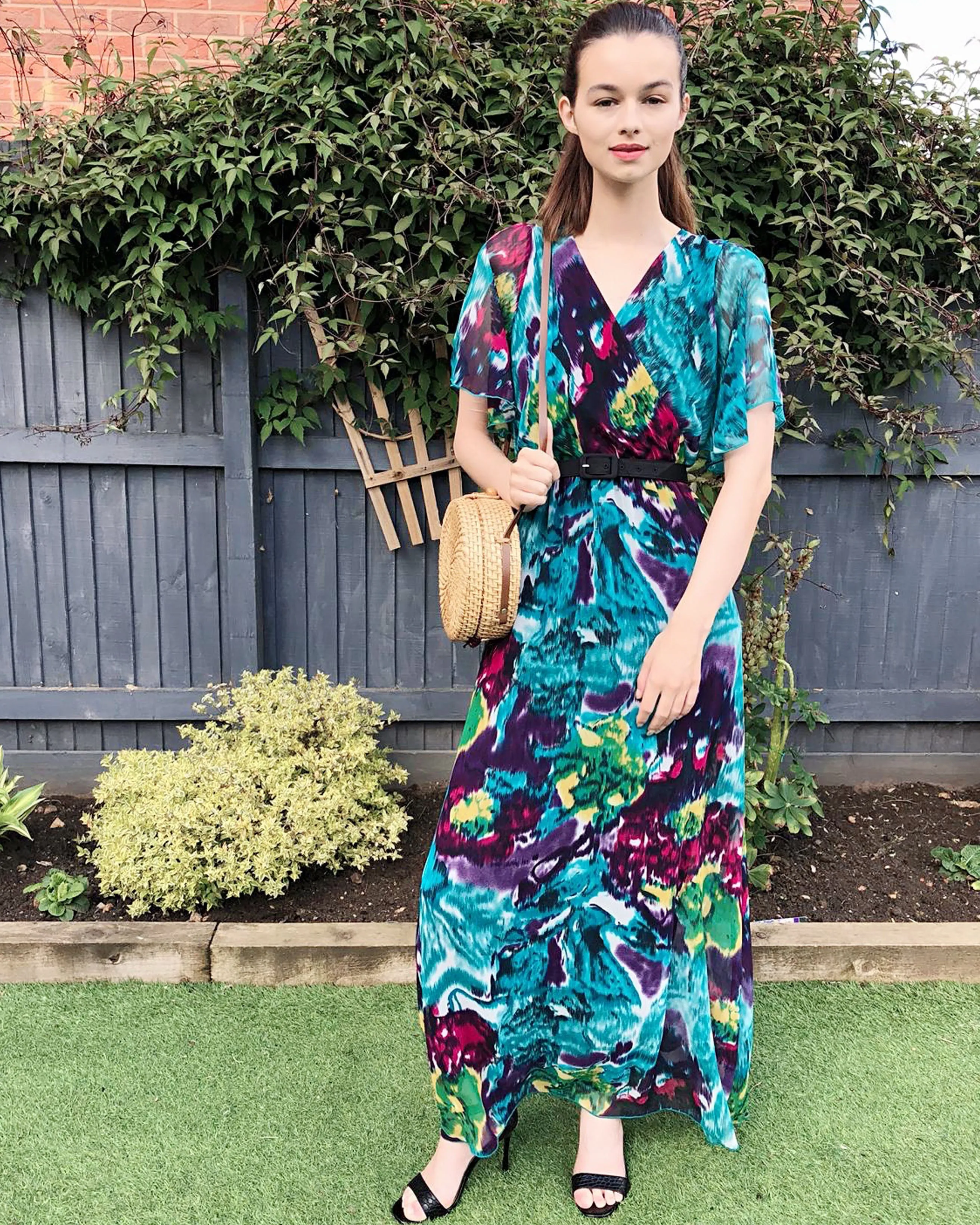 Lady Blue Print Print Chiffon Wrap Maxi Dress
