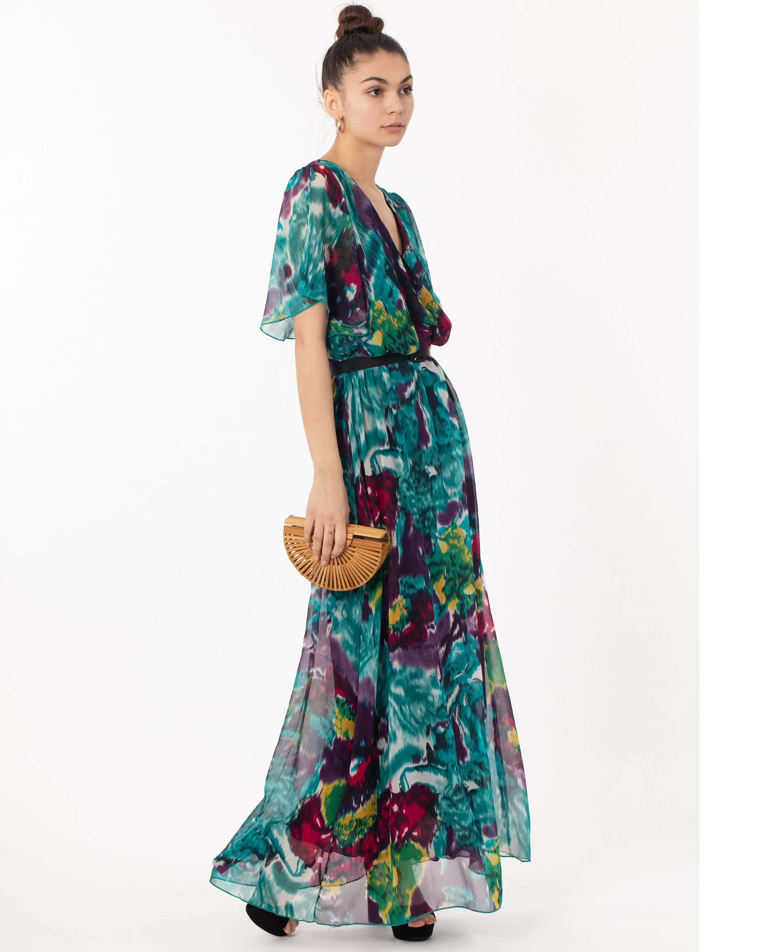Lady Blue Print Print Chiffon Wrap Maxi Dress