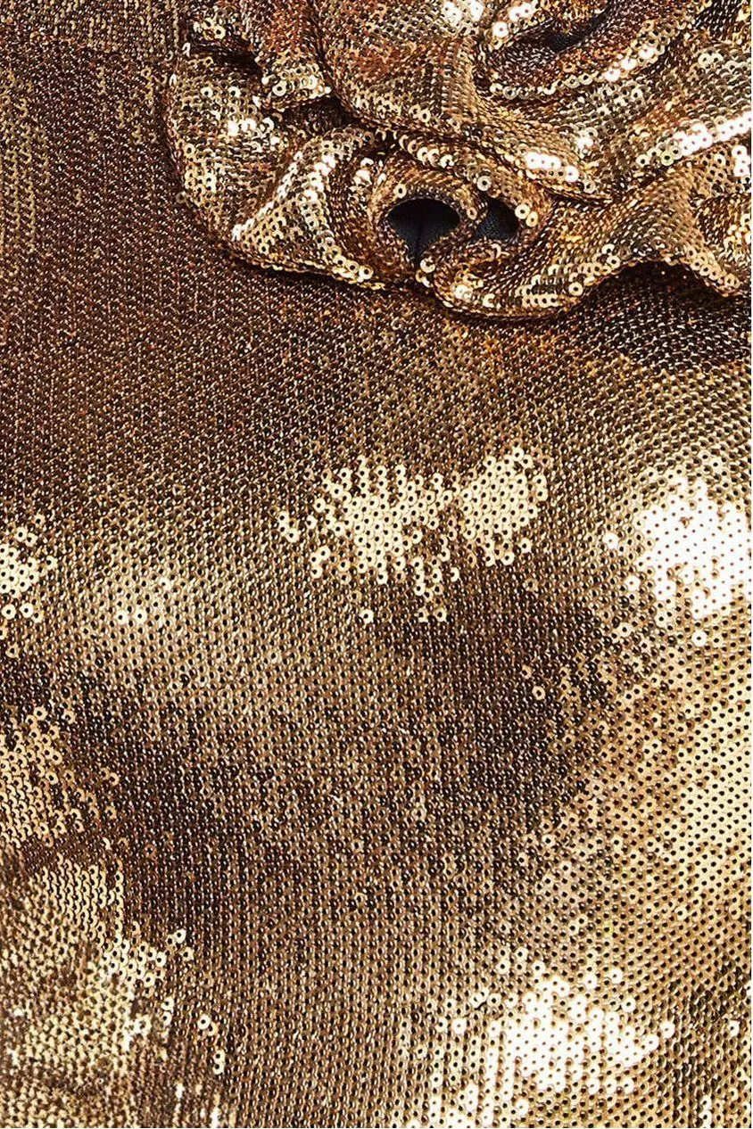Liquid Sequin Halterneck Mini With Corsage - Gold by Goddiva
