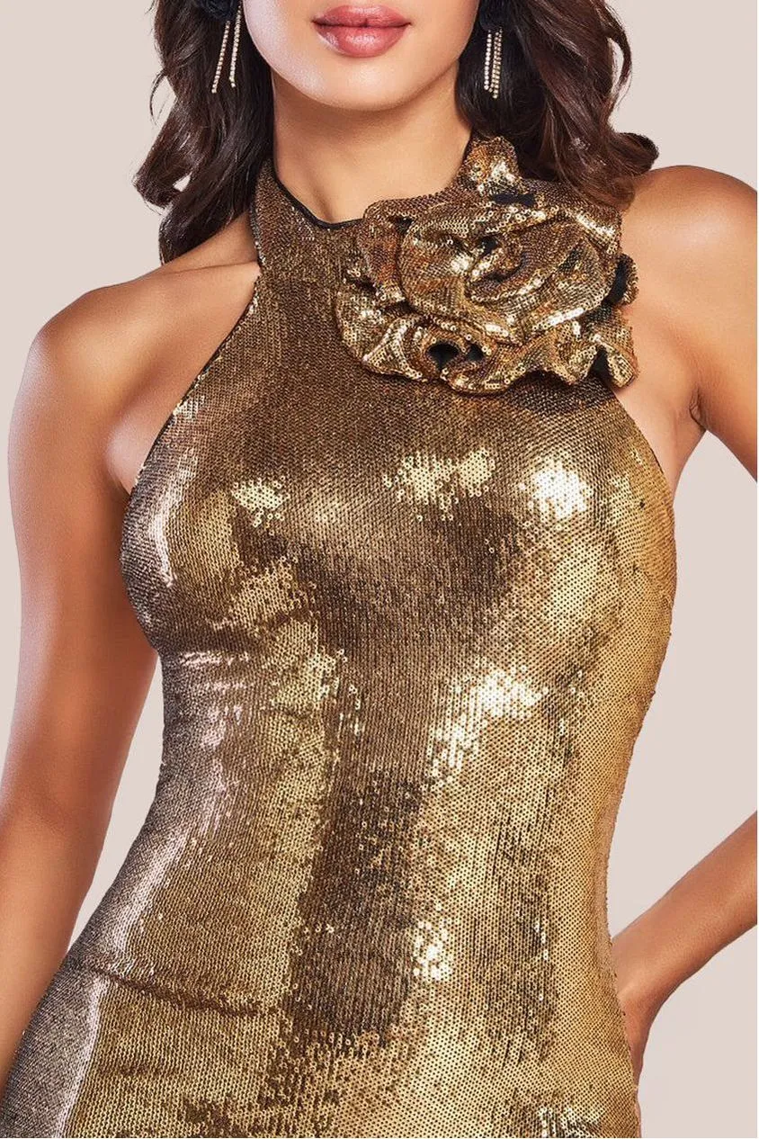 Liquid Sequin Halterneck Mini With Corsage - Gold by Goddiva