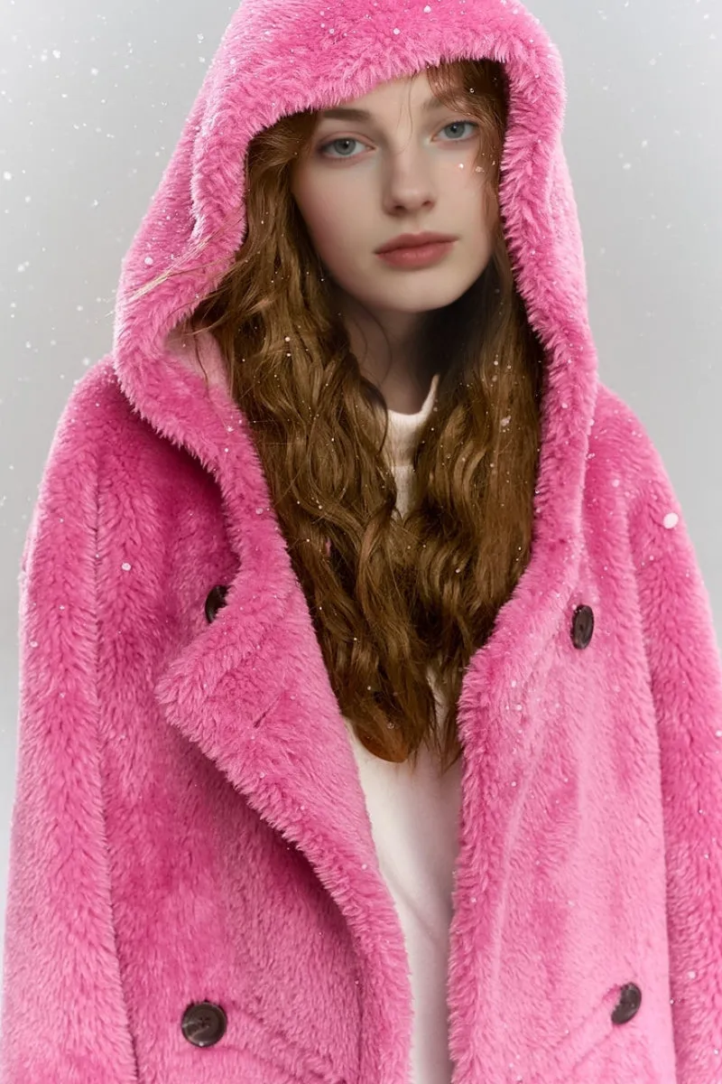 Long Double Breasted Faux Shearling Teddy Coat with Hood