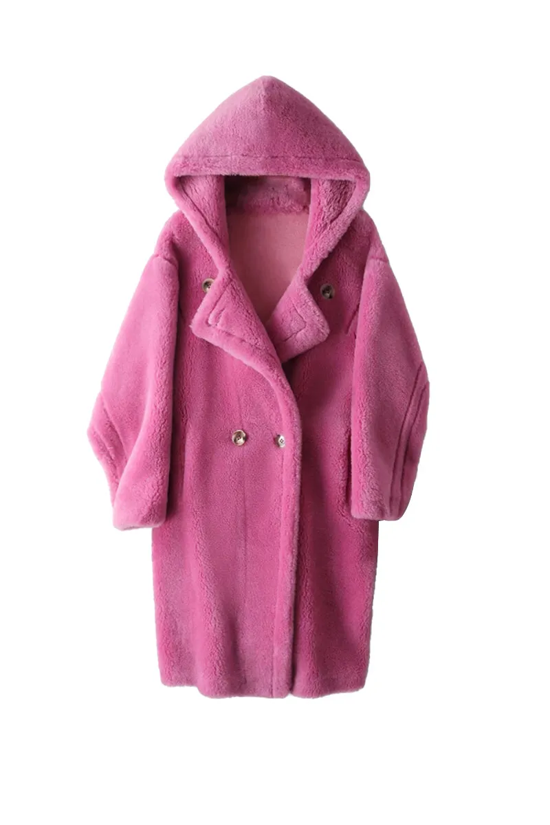Long Double Breasted Faux Shearling Teddy Coat with Hood