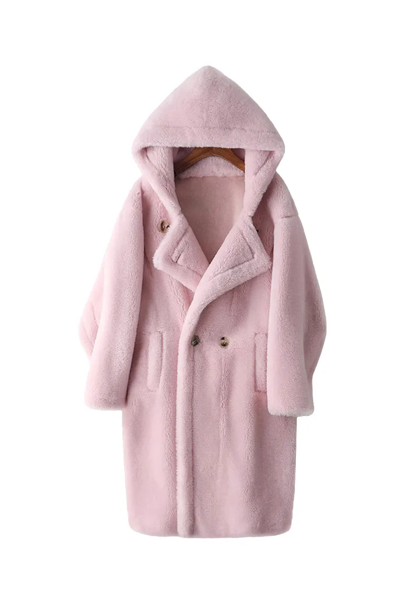 Long Double Breasted Faux Shearling Teddy Coat with Hood